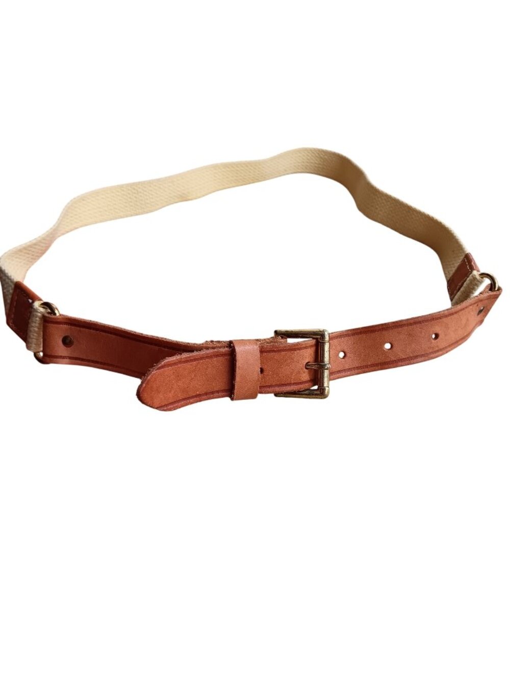 Medium Vintage Leather & Canvas Belt Prepppy Yach Club Brass Buckle USA-Made